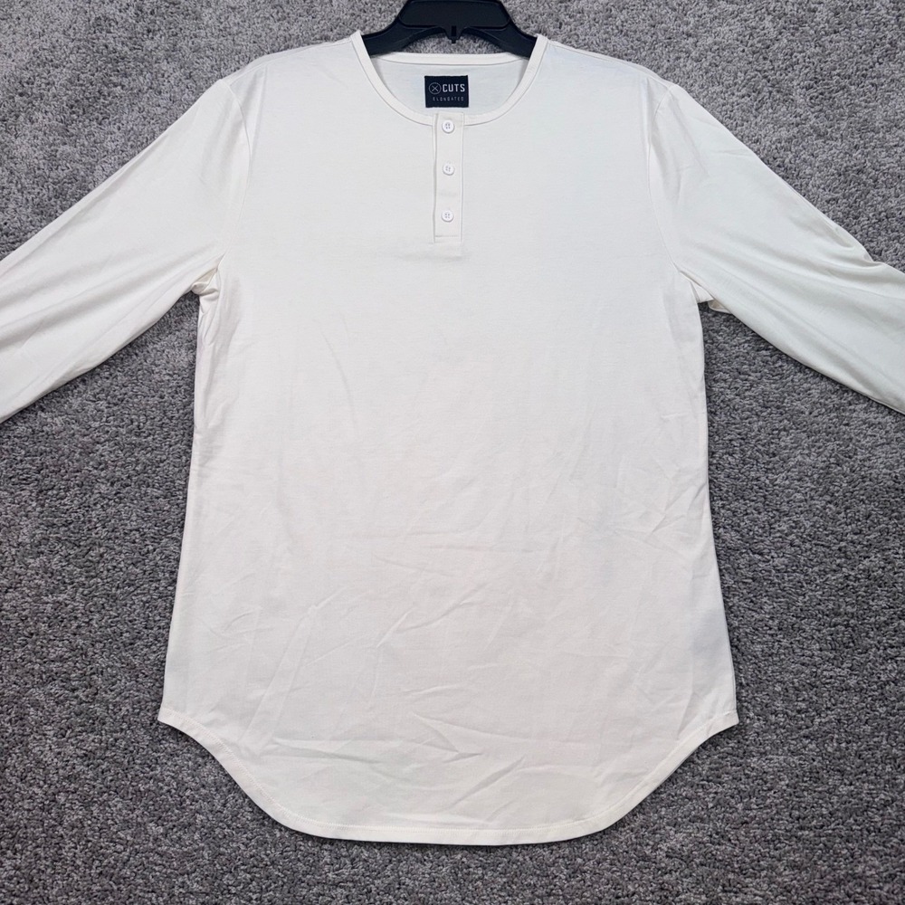 Cuts Elongated Henley Mens Long Sleeve Stretch Off-White Medium NEW - Picture 2 of 9